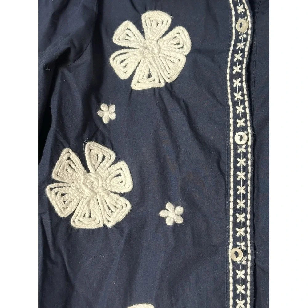 Zara Girls Embroidered Top Long Sleeve Elastic Wrists Button Up Size 7 Navy Blue